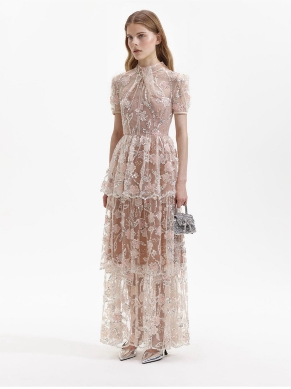 Self-Portrait Blush Embroidered Tiered Maxi Dress Size US8, UK 12 - Picture 4 of 8